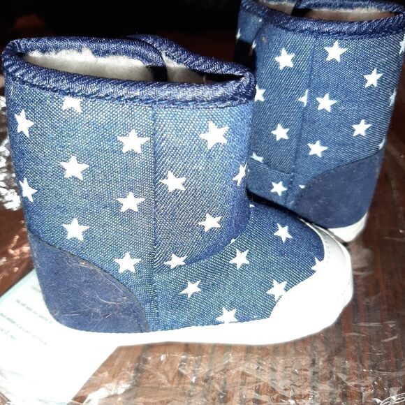 New Infant Size 2 Blue White Star Boots Booties Ankle Boots Faux Fur Lin… - Picture 3 of 8
